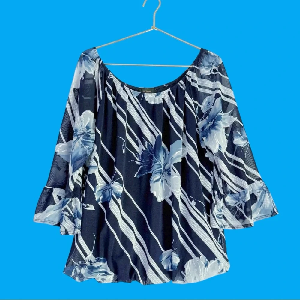 Espresso Floral 3/4 Ruffle Sleeve Pullover Chiffon Blouse Women’s XL Navy - Picture 2 of 10